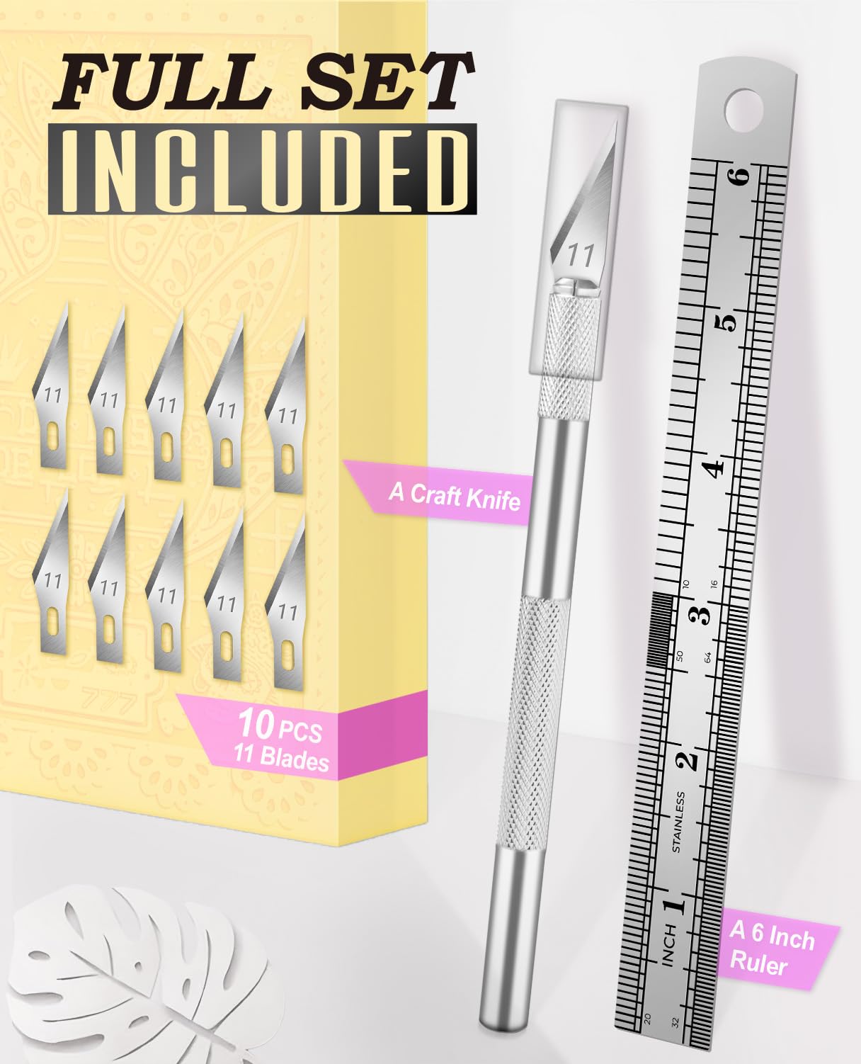 DIYSELF Exacto Knife Set with 10 Extra #11 Blades, 6-Inch Metal Ruler, Pink