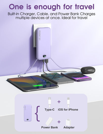 citicr Portable Charger 10000mAh PD20W w/Built-in Cables & Wall Plug White