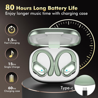 HAOYUYAN Wireless Earbuds, Sports Bluetooth Headphones, 80Hrs Playtime Ear Buds with LED Power Display, Noise Canceling Headset, IPX7 Waterproof Earphones for Workout/Running (Purple)