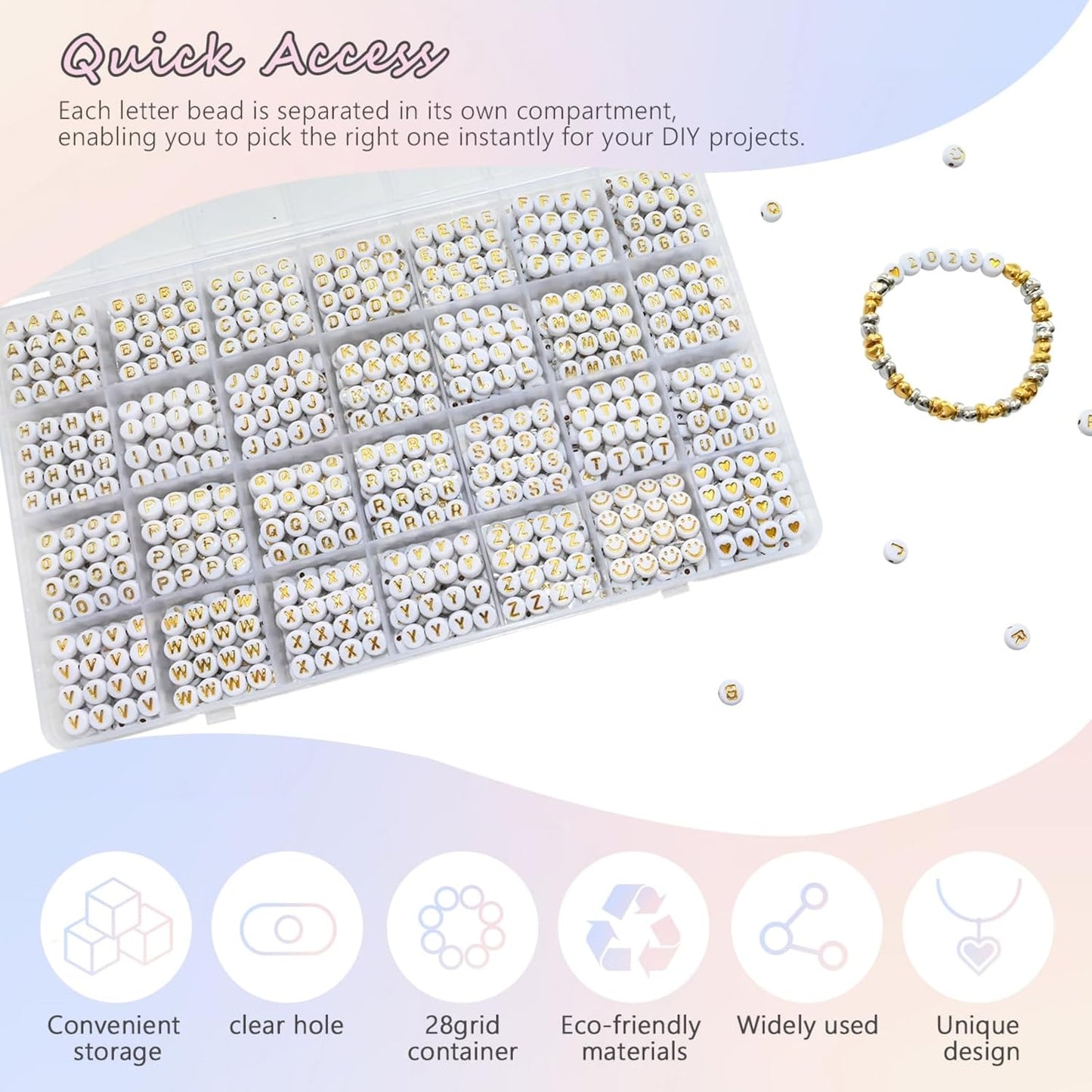 Looconi 810pcs Gold Letter Beads Square 6x6mm White Cube Acrylic Alphabet A-Z with Heart Pattern and Crystal Line for Jewelry Making