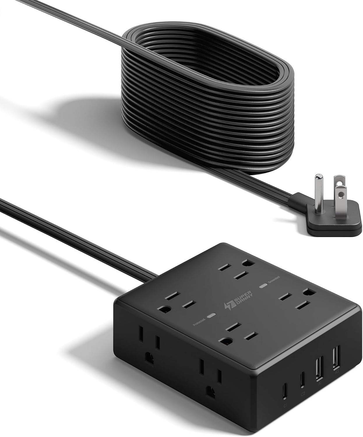 SUPERDANNY Extension Cord,Flat Plug Surge Protector Power Strip,6Ft