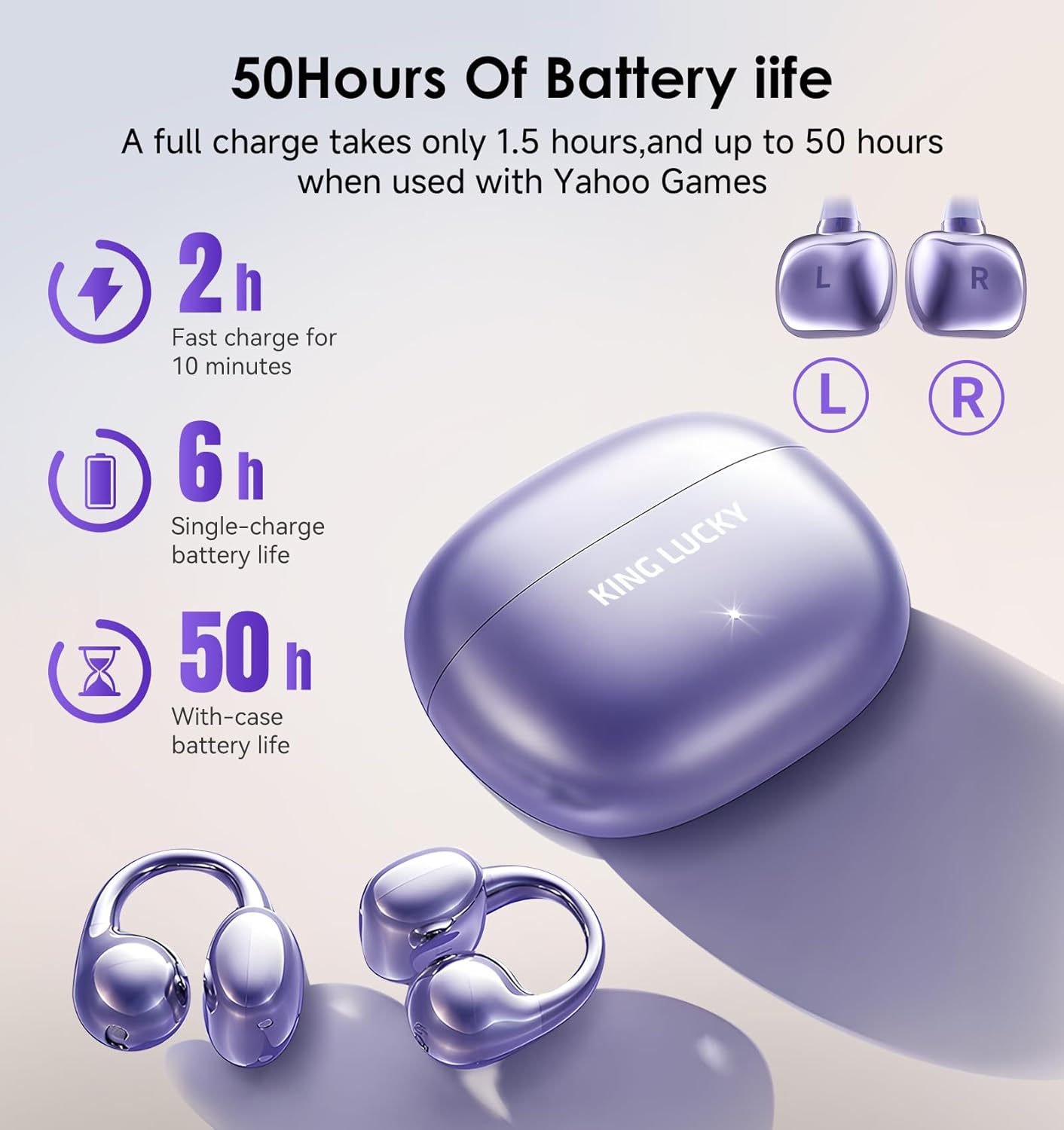 King Lucky Clip-On Earbuds Gen 3, Open-Ear Wireless Bluetooth 6.0 Headphones with Mic, Secure Fit for Small Ears & Glasses Wearers, 50H Playtime, ENC, IPX5 Waterproof Sport Ear Buds (Purple)