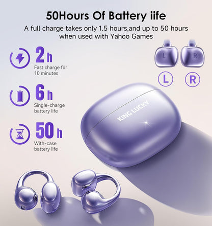 King Lucky Clip-On Earbuds Gen 3, Open-Ear Wireless Bluetooth 6.0 Headphones with Mic, Secure Fit for Small Ears & Glasses Wearers, 50H Playtime, ENC, IPX5 Waterproof Sport Ear Buds (Purple)