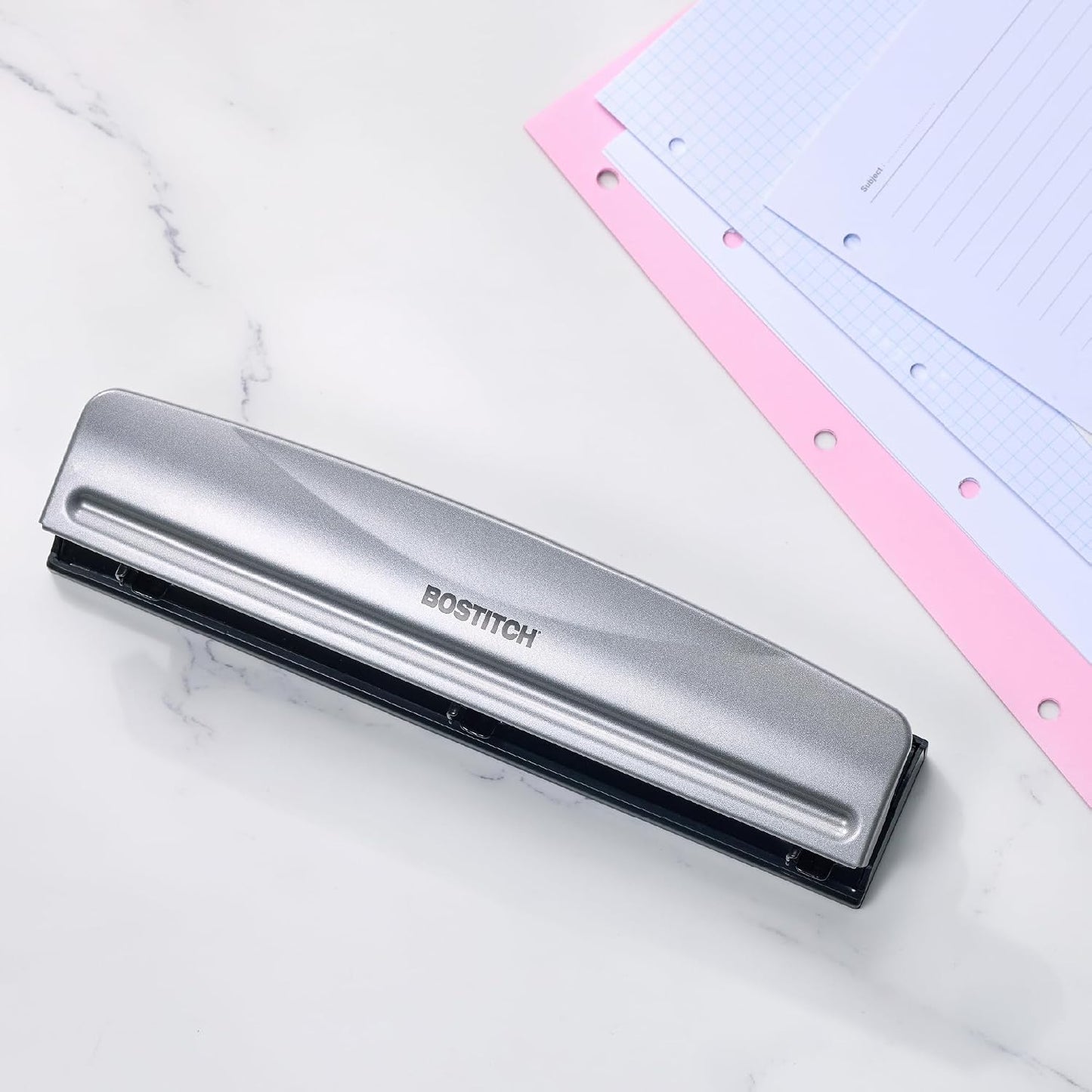 Bostitch Office Premium 3 Hole Punch, 12 Sheet Capacity, Metal, Rubber Base, Easy-Clean Tray, Silver