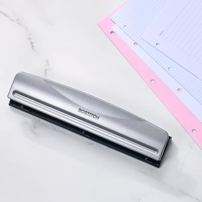 Bostitch Office Premium 3 Hole Punch, 12 Sheet Capacity, Metal, Rubber Base, Easy-Clean Tray, Silver