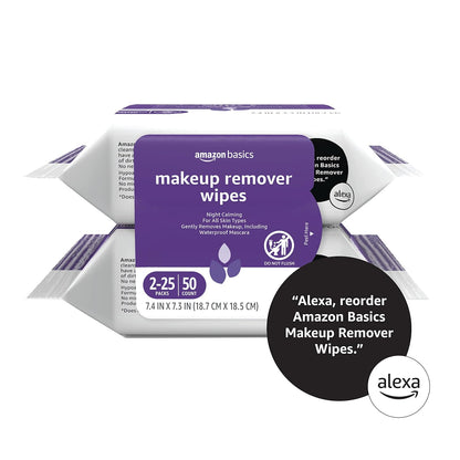Amazon Basics Makeup Remover Wipes, Fragrance-Free, Alcohol-Free, Gentle Cleansing, Plant-Based, Dermatologist Tested, Removes Waterproof Mascara, Resealable, 25 Count, 1-Pack