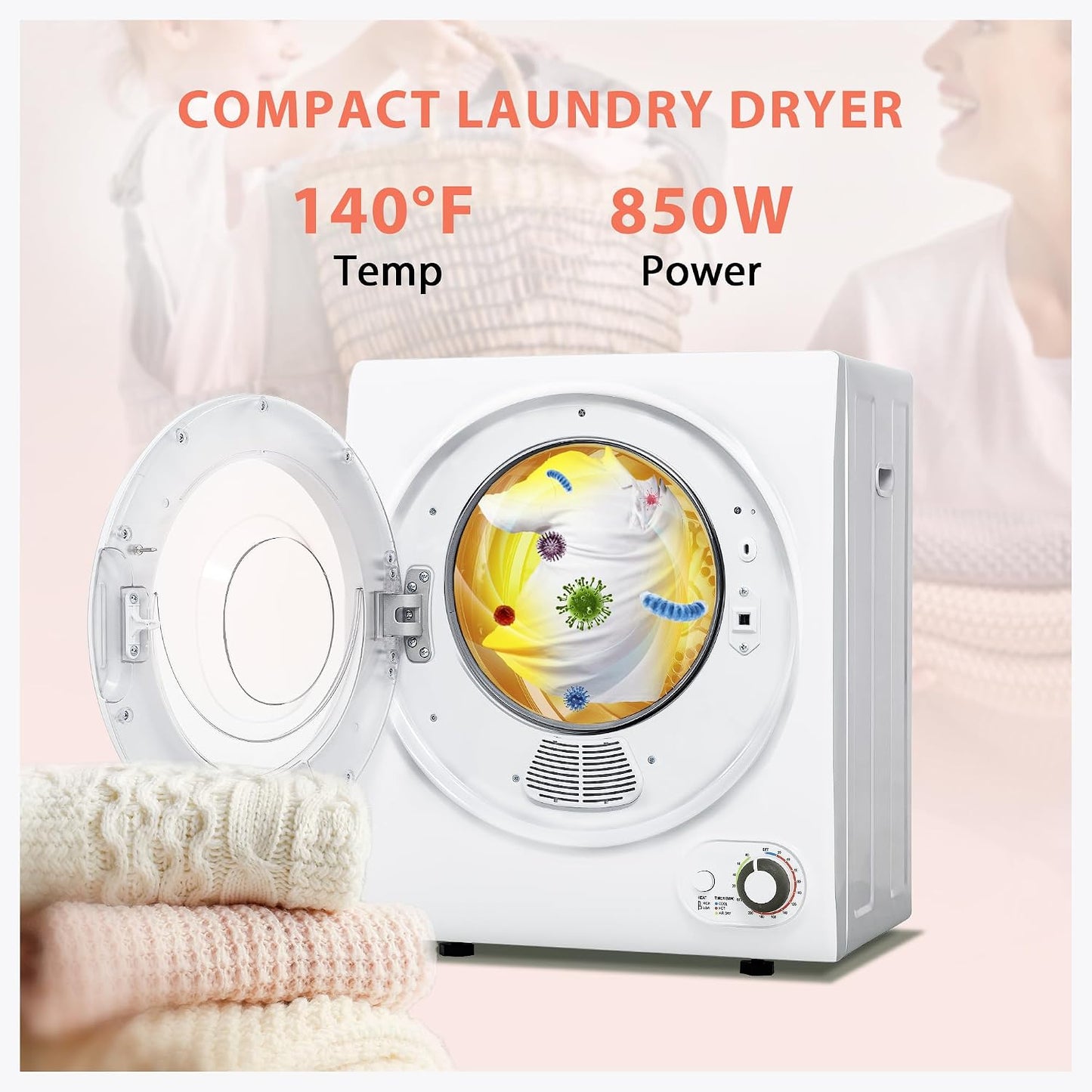 Euhomy Portable Clothes Dryer for Laundry, 1.5 Cu. Ft. Small Portable Dryers for Clothes, 120V Electric Dryer with Stainless Steel Drum, 850W Dryer Machine for Apartments, White