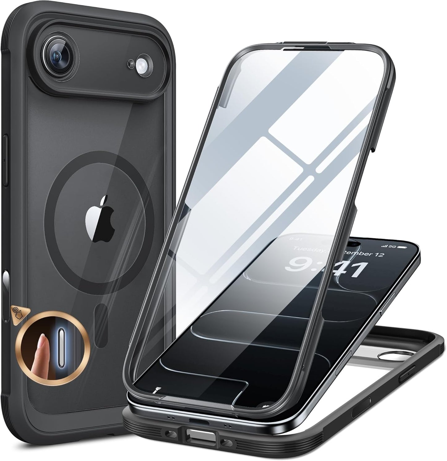 miracase for iPhone 17e Case & iPhone 16e Case, Full-Body Phone with Built-in Glass Screen Protector, [Magnetic with MagSafe] Military Drop Proof 17 E/ 16 E Cover Bumper 6.1 inch, Black