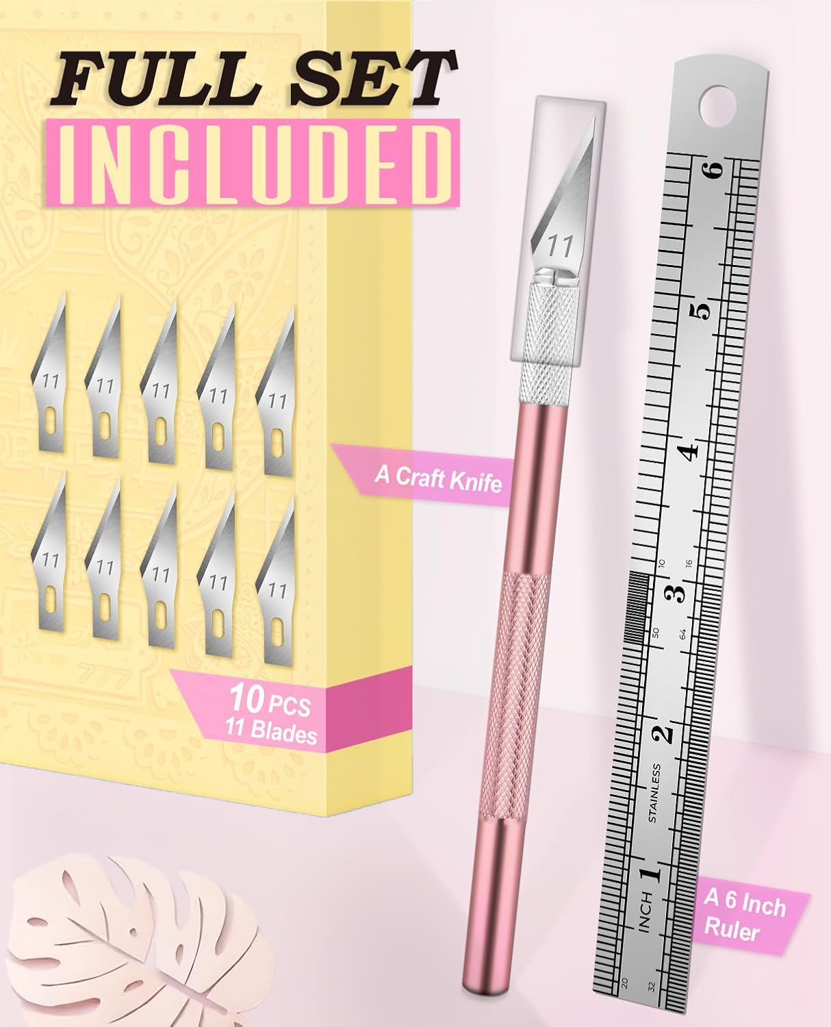 DIYSELF Exacto Knife Set with 10 Extra #11 Blades, 6-Inch Metal Ruler, Pink