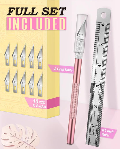 DIYSELF Exacto Knife Set with 10 Extra #11 Blades, 6-Inch Metal Ruler, Pink