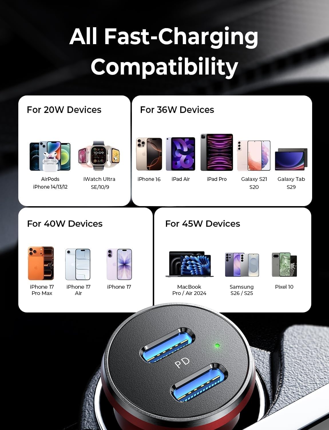 LISEN 90W USB C Car Charger USB C Fast Charge, 45W PD&QC 3.0 Fast Car Charger