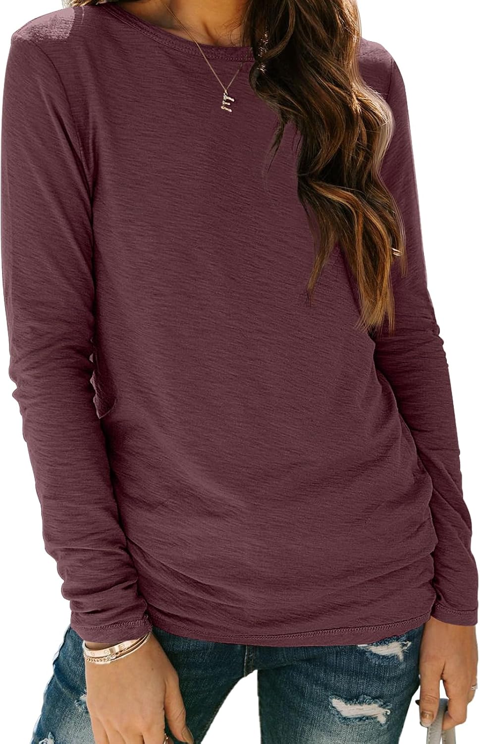 AUTOMET Women's Long Sleeve Crewneck Shirts Casual Basic Tops