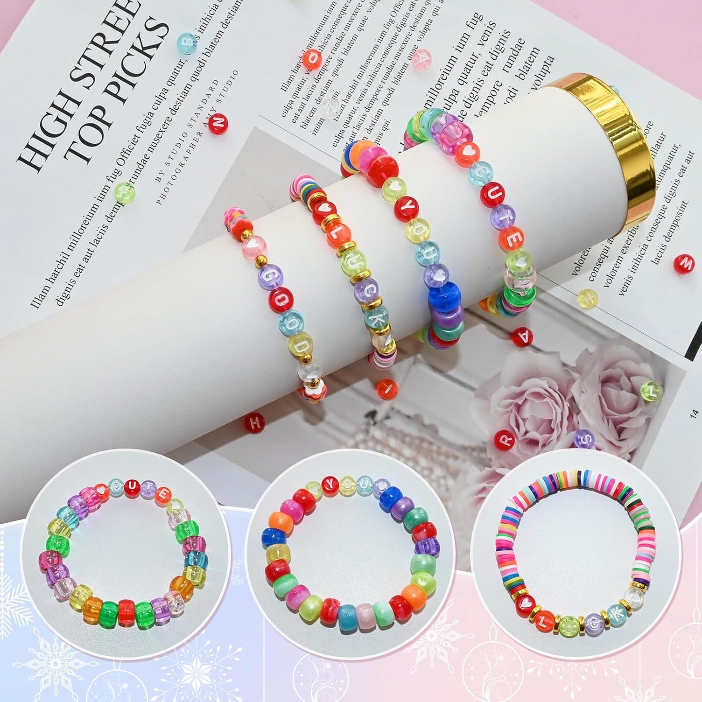 Looconi 810pcs Gold Letter Beads Square 6x6mm White Cube Acrylic Alphabet A-Z with Heart Pattern and Crystal Line for Jewelry Making