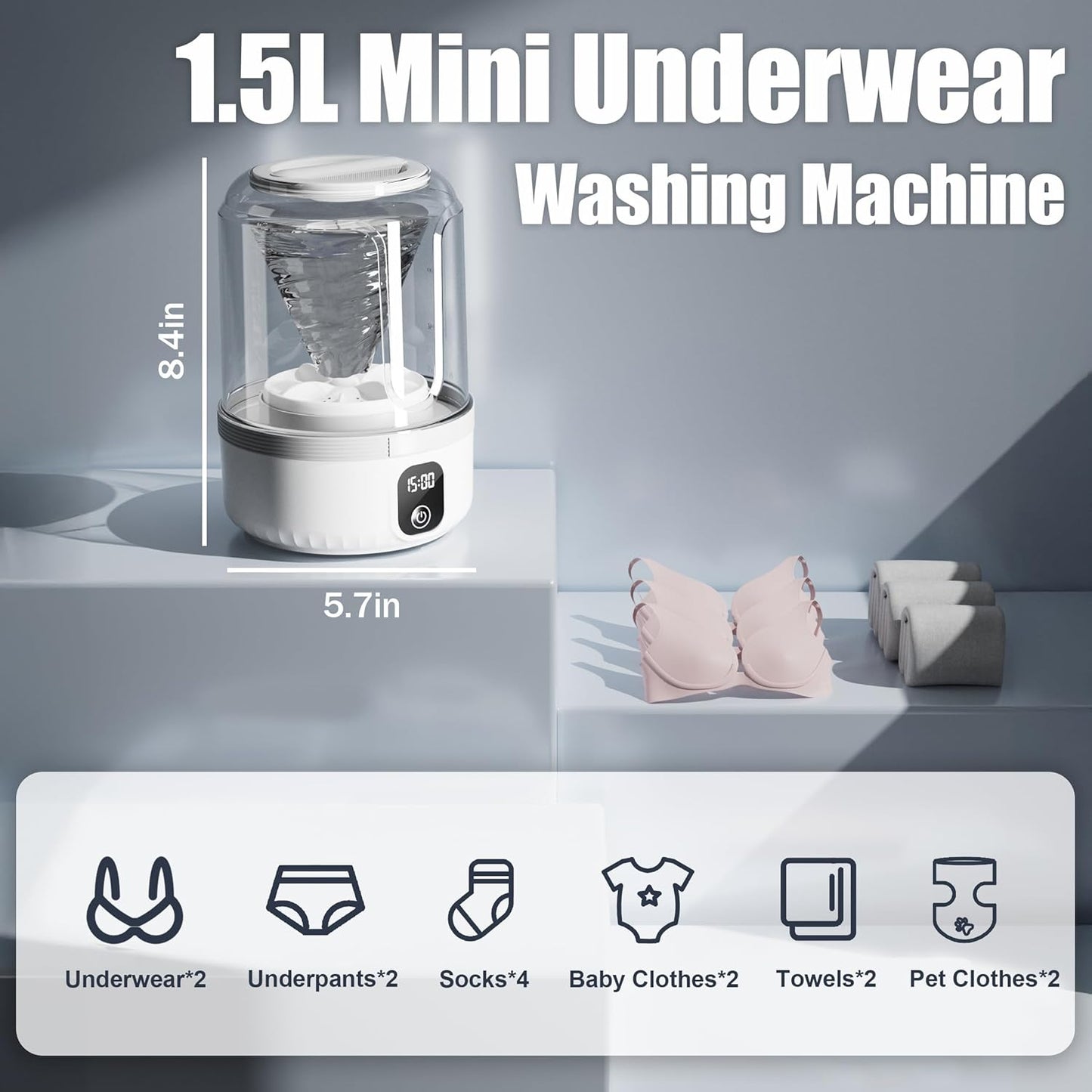 Underwear Washing Machine, Upgrade 1.5L Mini Portable Washing Machine Rechargeable Underwear Washer Deep Cleans Small Clothes for Apartment, Dorm, RV, Travel & Hotel Use(White)