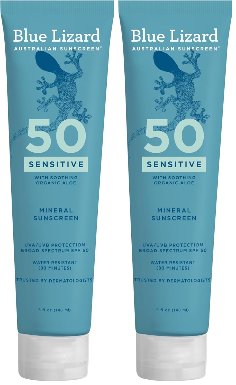 Blue Lizard Sensitive Mineral SPF 50 Sunscreen Lotion, 100% Mineral Sunscreen, UVA/UVB Protection, Infused with organic Aloe Vera, Soothes and Hydrates, 5 fl oz