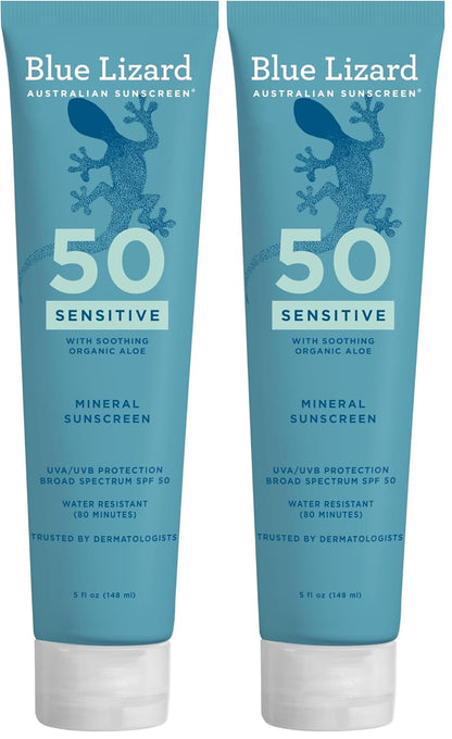 Blue Lizard Sensitive Mineral SPF 50 Sunscreen Lotion, 100% Mineral Sunscreen, UVA/UVB Protection, Infused with organic Aloe Vera, Soothes and Hydrates, 5 fl oz
