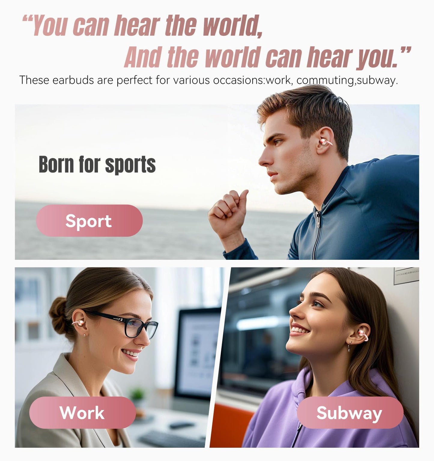 King Lucky Clip-On Earbuds Gen 3, Open-Ear Wireless Bluetooth 6.0 Headphones with Mic, Secure Fit for Small Ears & Glasses Wearers, 50H Playtime, ENC, IPX5 Waterproof Sport Ear Buds (Purple)
