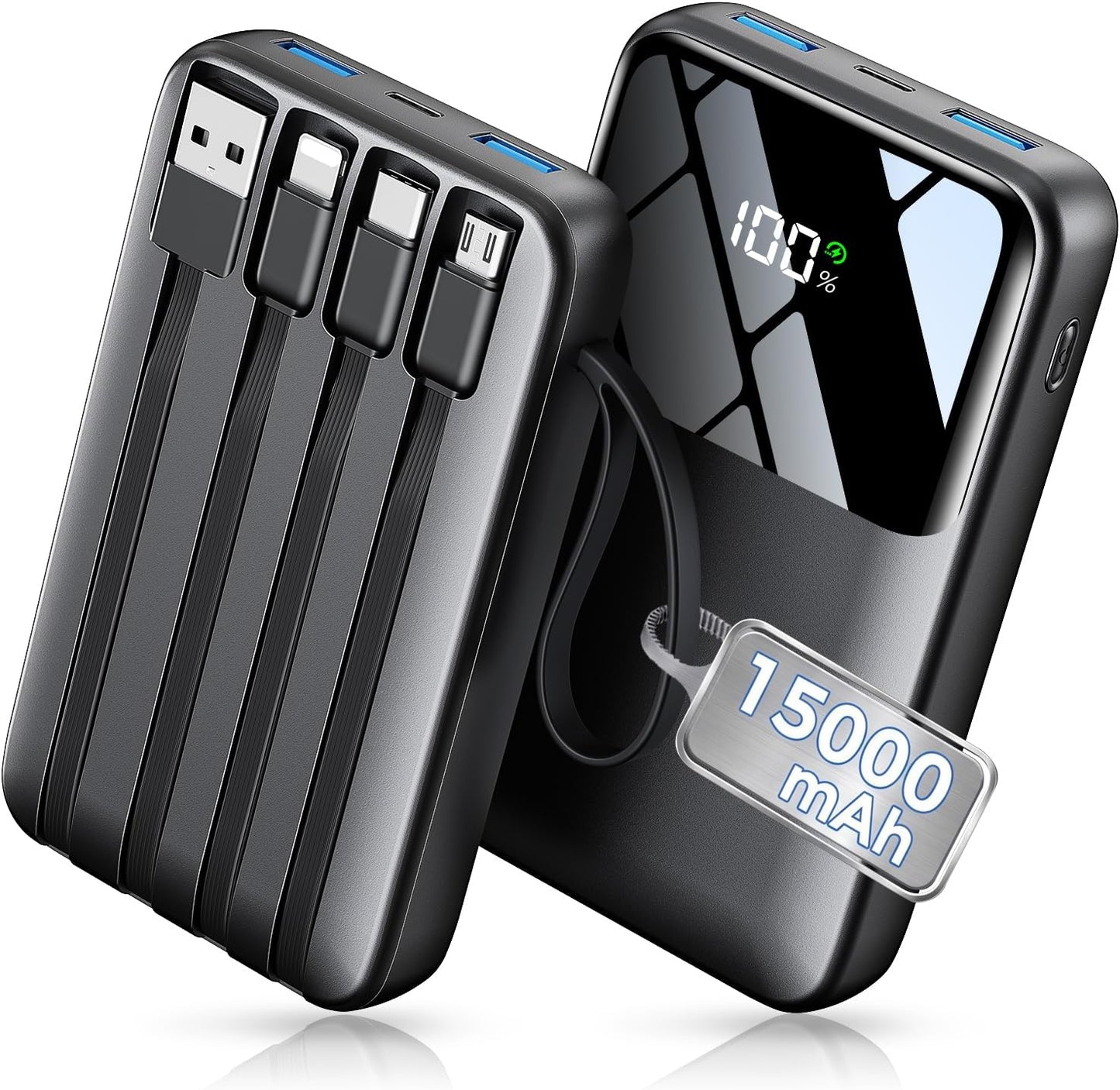 HELLEE 15000mAh Portable Charger Power Bank, 45% Smaller Built-in 4 Cables