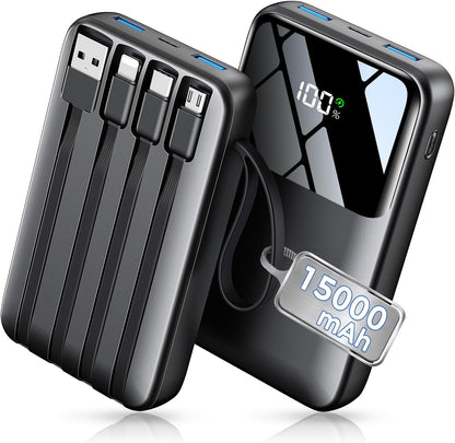 HELLEE 15000mAh Portable Charger Power Bank, 45% Smaller Built-in 4 Cables