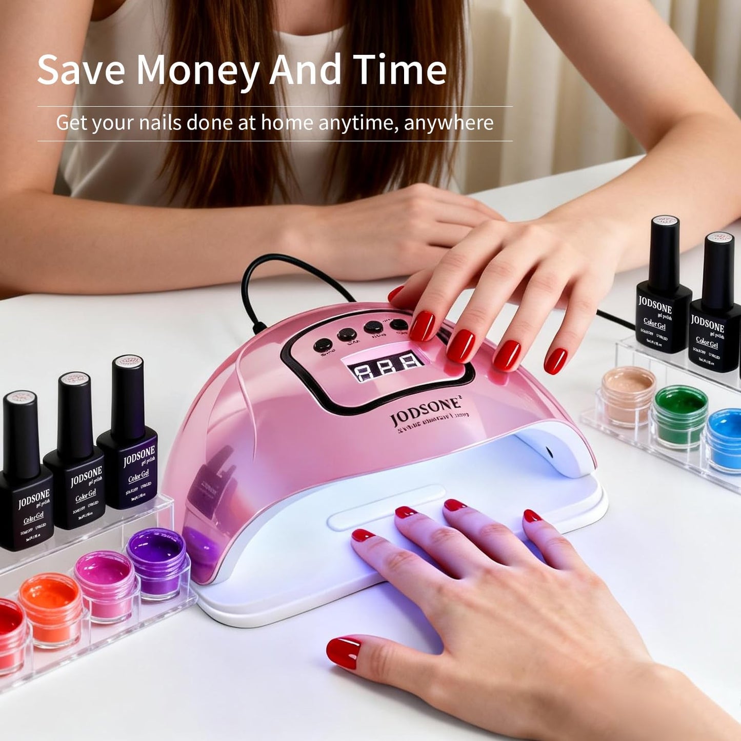 JODSONE U V LED Nail Lamp with Base Coat Top Coat Set, Nail Dryer for Gel Polish for Nails with Automatic Sensor & 4 Timers