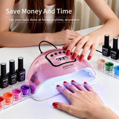 JODSONE U V LED Nail Lamp with Base Coat Top Coat Set, Nail Dryer for Gel Polish for Nails with Automatic Sensor & 4 Timers