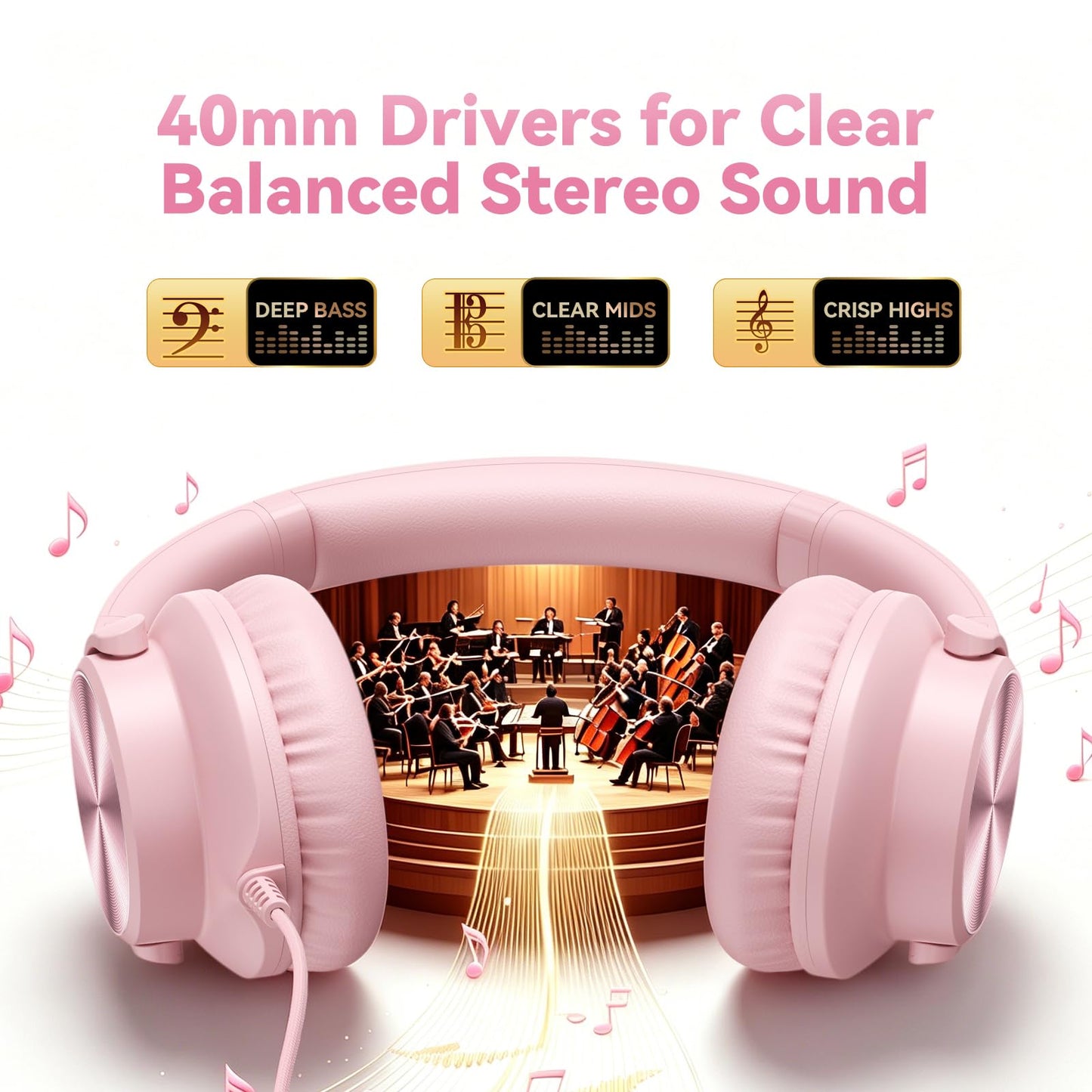 Wired Headphones with Mic, Over-Ear 3.5mm Corded Headphone for School Black