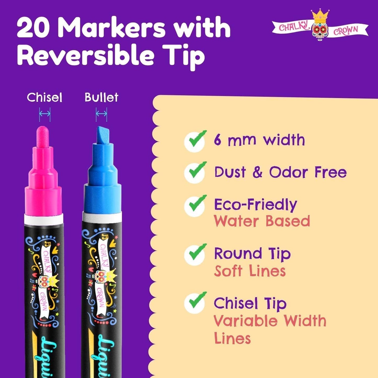CHALKY CROWN Liquid Chalk Markers - Bold Chalkboard Markers - 8 Pack, 6mm