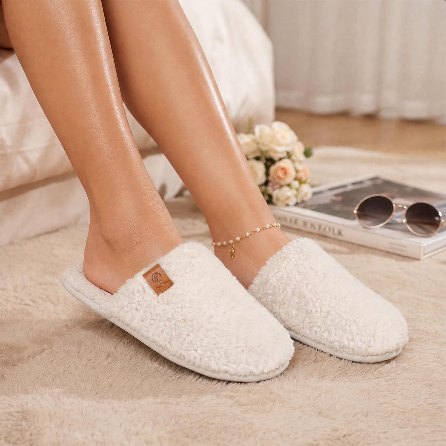 EverFoams Women's Fuzzy Slippers Warm Cozy Memory Foam Indoor House Shoes