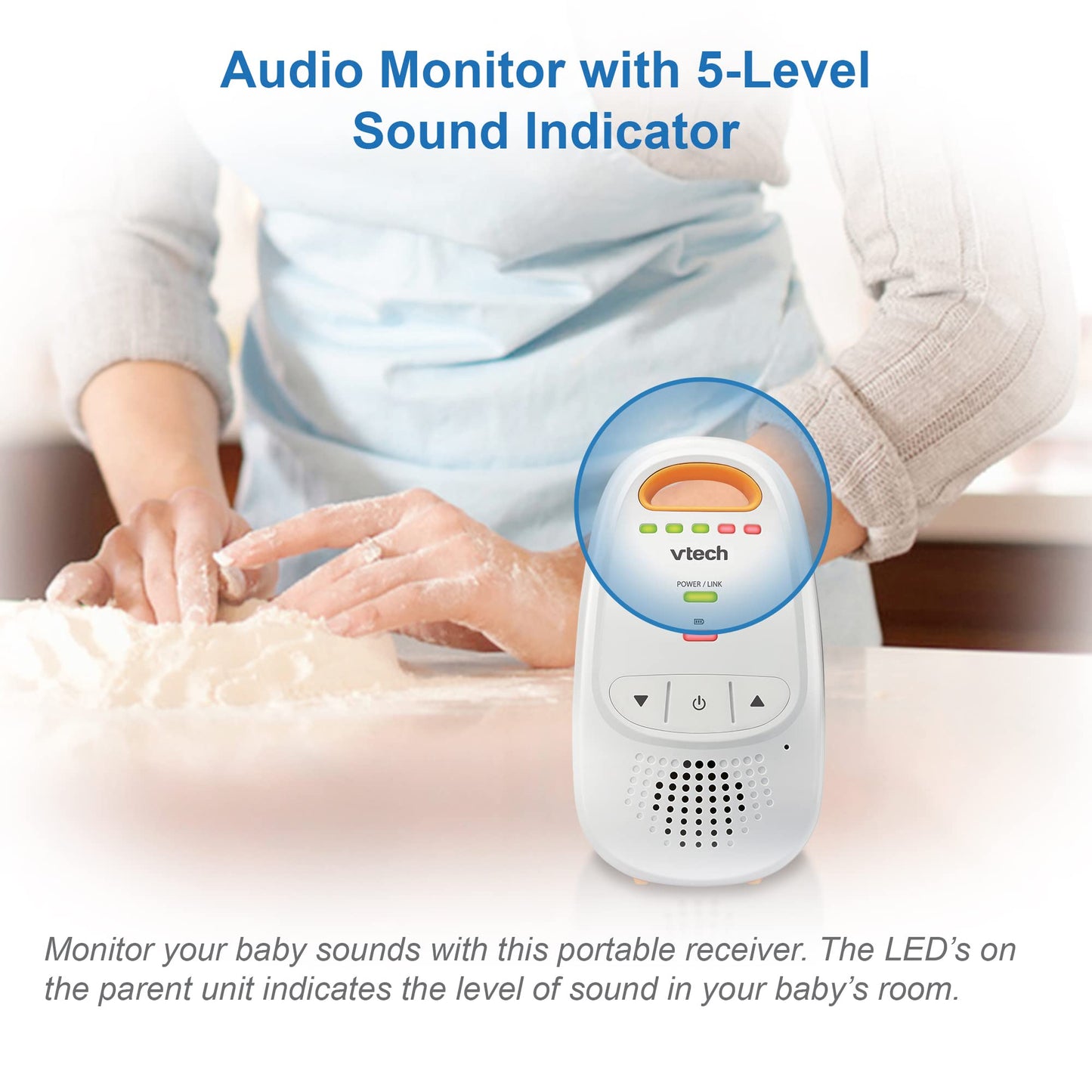 VTech Audio Baby Monitor — No Static DECT 6.0, No WiFi, Hack-Proof | 8Hr Battery, Belt Clip, 1000ft Range, 5-Level Sound Indicator | DM111