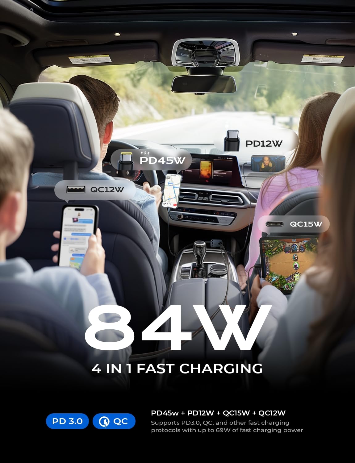 LISEN Retractable Car Charger, 84W Car Charger USB C Fast Charge, 4 in 1