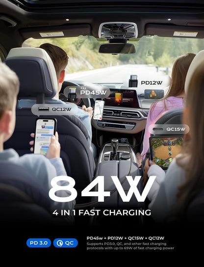 LISEN Retractable Car Charger, 84W Car Charger USB C Fast Charge, 4 in 1