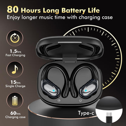 HAOYUYAN Wireless Earbuds, Sports Bluetooth Headphones, 80Hrs Playtime Ear Buds with LED Power Display, Noise Canceling Headset, IPX7 Waterproof Earphones for Workout/Running (Purple)