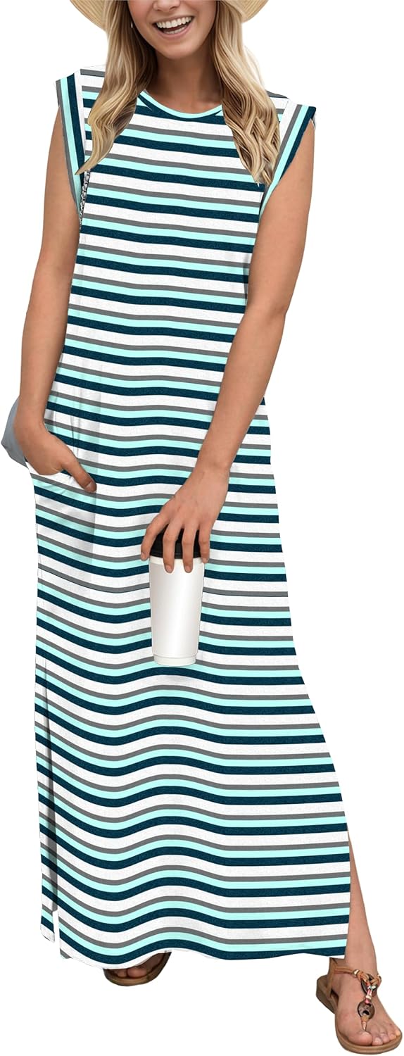 GRECERELLE 2026 Women Year-Round Casual Round Neck Loose Split Wrinkle-Free Long Maxi Vacation Dress with Pockets (XXS-4XL)