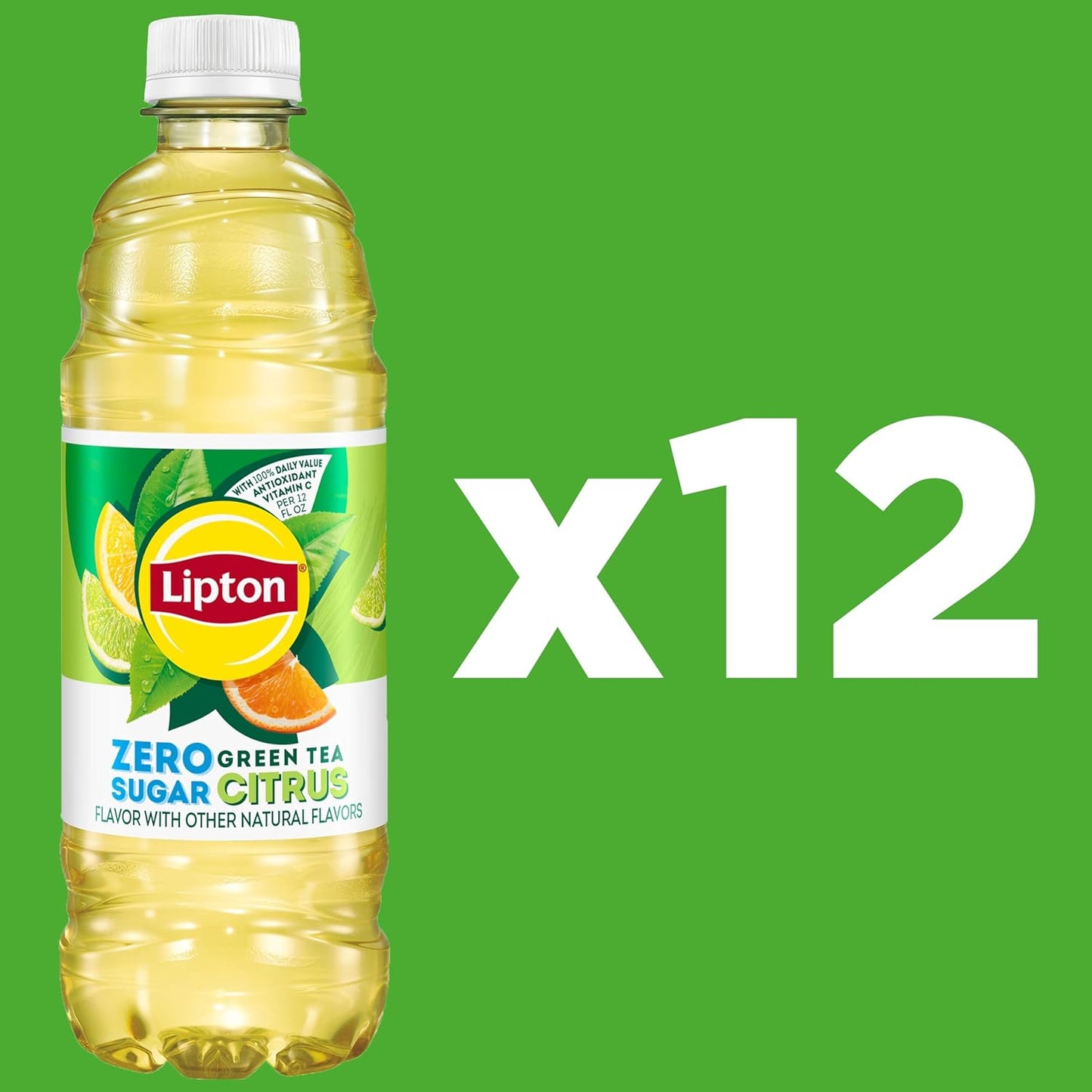 Lipton Zero Sugar Iced Tea, Green Tea Citrus, 16.9 fl oz Bottles, (12 Pack), 100% DV Vitamin C