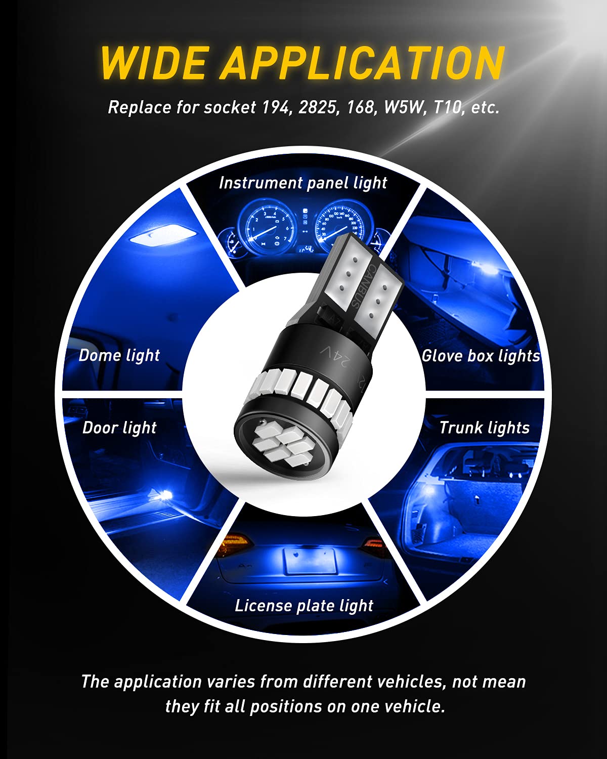 AUXITO 194 LED Bulbs for License Plate Light 168 175 2825 W5W T10 24-SMD 3014 Chipsets 6000K White for Car Dome Door Map Dash Courtesy Cargo License Plate Lights, Pack of 2