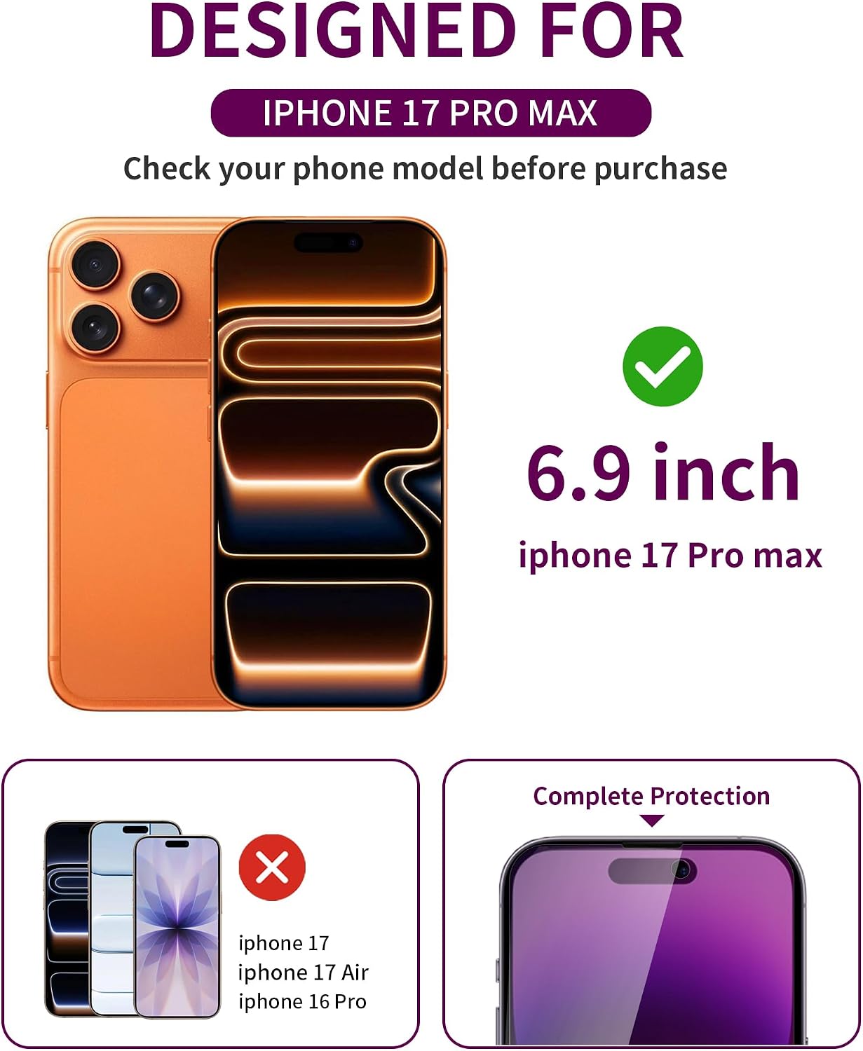 2 Pack Privacy Screen Protector for iPhone 17 Pro Max Tempered Glass 6.9'' Private Saver Anti-Spy Eye Protection Anti-Scratch Full Coverage No Bubble