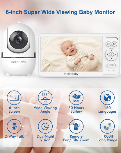 HelloBaby 6'' No WiFi Video Baby Monitor with Camera Audio, 30H Battery