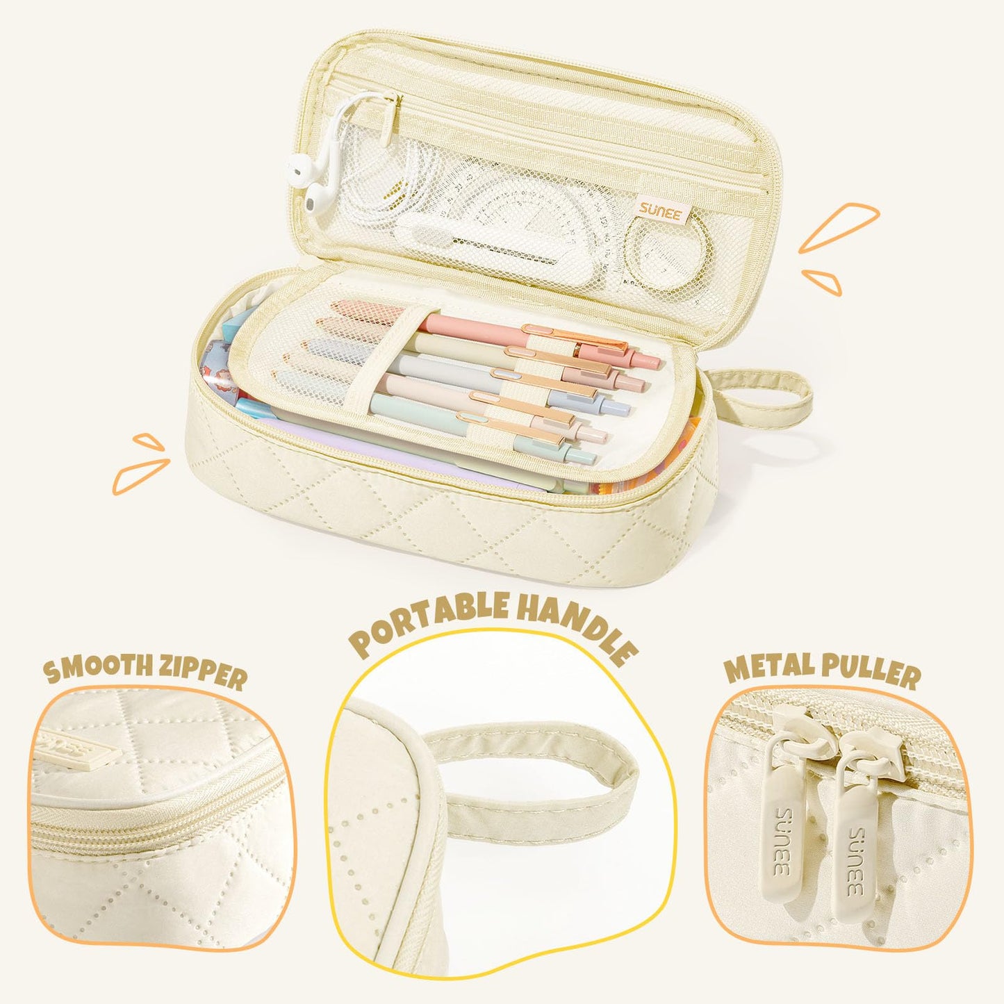 SUNEE Cute Pencil Case, Soft Corduroy Large Capacity Pencil Pouch, Aesthetic Zipper Pencil Bag, Big Storage Pen Organizer for Stationery, Pencil Box Back to School Supplies for Teen Girls Boys, Beige