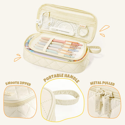 SUNEE Cute Pencil Case, Soft Corduroy Large Capacity Pencil Pouch, Aesthetic Zipper Pencil Bag, Big Storage Pen Organizer for Stationery, Pencil Box Back to School Supplies for Teen Girls Boys, Beige