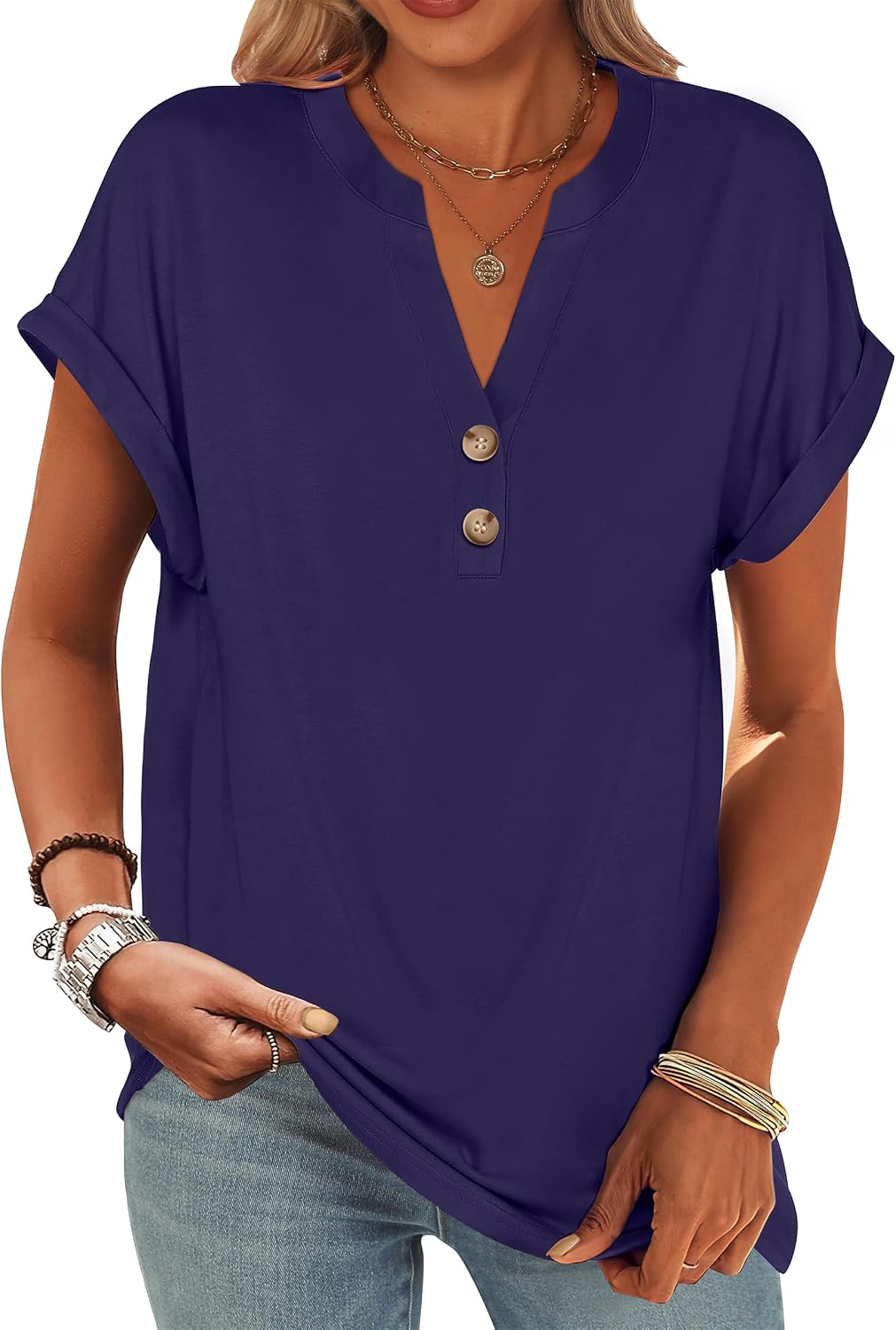 ANRABESS Womens Short Sleeve Henley Tops Summer Shirts Dressy Casual Blouse