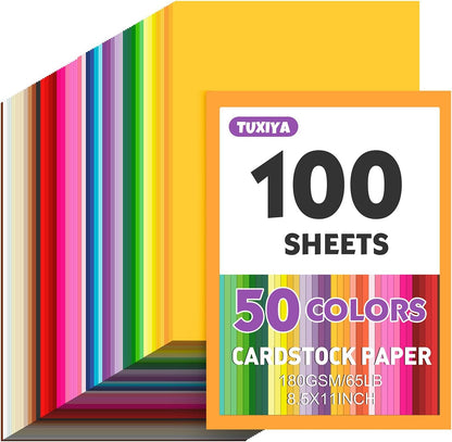 TUXIYA 100 Sheets 8.5" X 11" Colored Cardstock, 50 Colors Card Stock