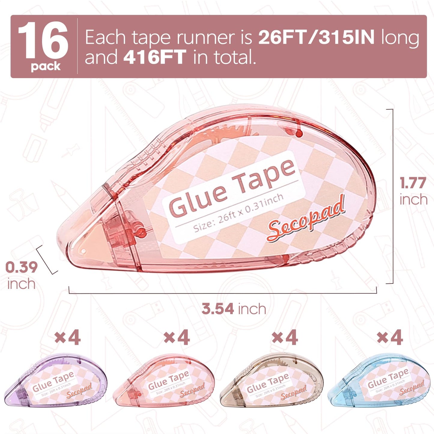 Secopad Scrapbook Tape, Glue Tape for Crafts, 4 Pack, Light-Colored Shell