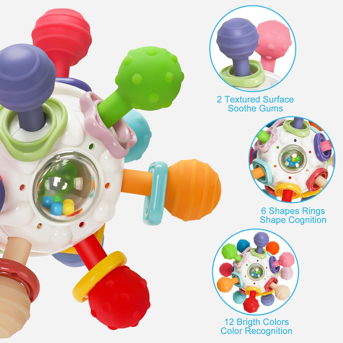 Baby Montessori Sensory Teething Toy 0-6 6-12 Months, Teether Ball & Rattle