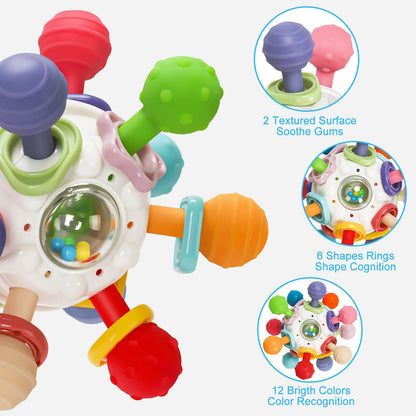 Baby Montessori Sensory Teething Toy 0-6 6-12 Months, Teether Ball & Rattle