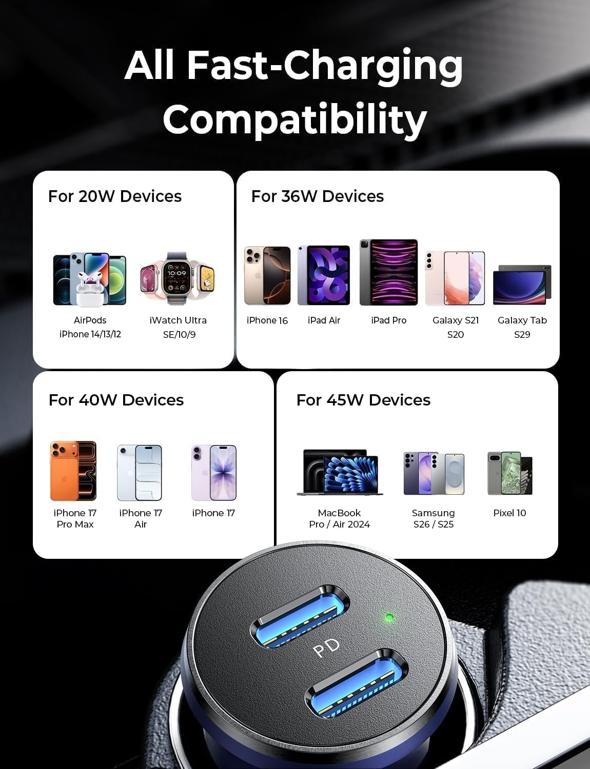 LISEN 90W USB C Car Charger USB C Fast Charge, 45W PD&QC 3.0 Fast Car Charger