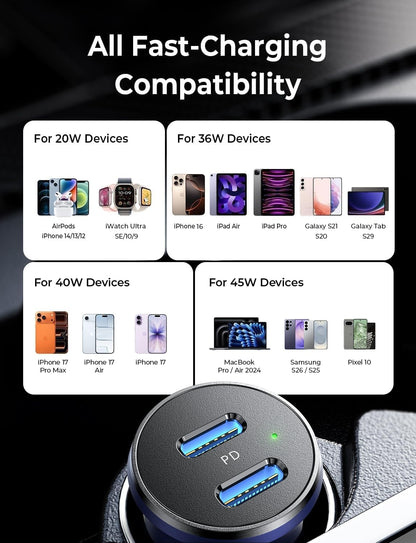 LISEN 90W USB C Car Charger USB C Fast Charge, 45W PD&QC 3.0 Fast Car Charger