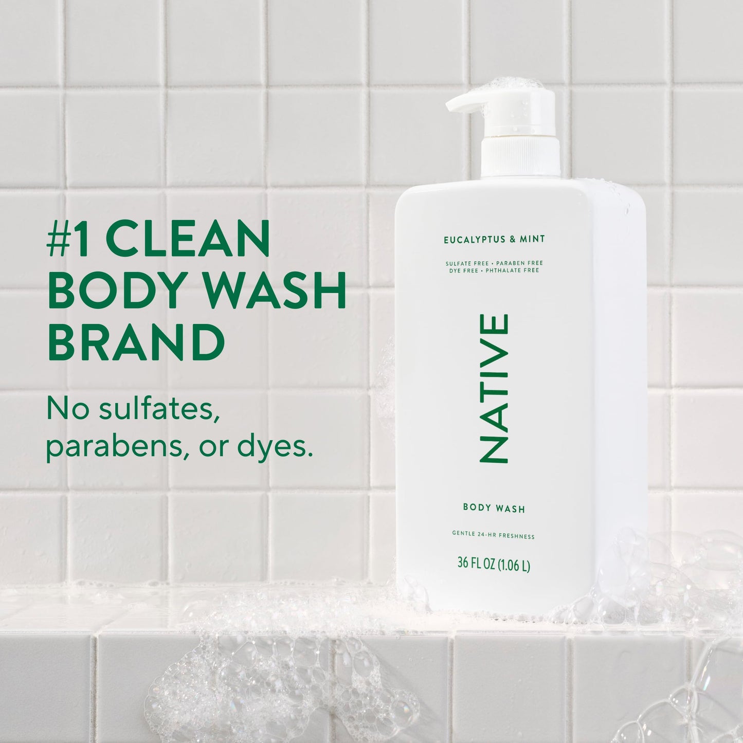 Native Clean Body Wash, Gentle & pH-balanced for Sensitive Skin, 24-Hr Freshness for Women & Men, Vegan & Cruelty-Free, Free of Sulfates, Parabens & Phthalates, Sandalwood & Shea Butter, 36 oz
