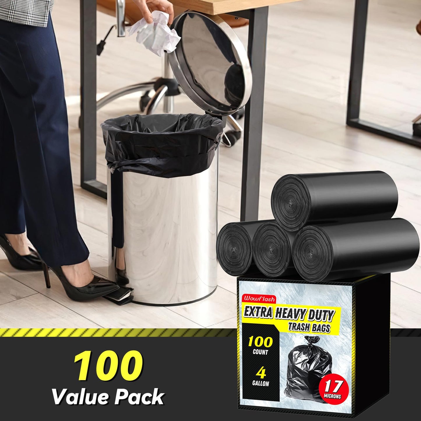 Wowflash 100 Count 55-60 Gallon Trash Bags