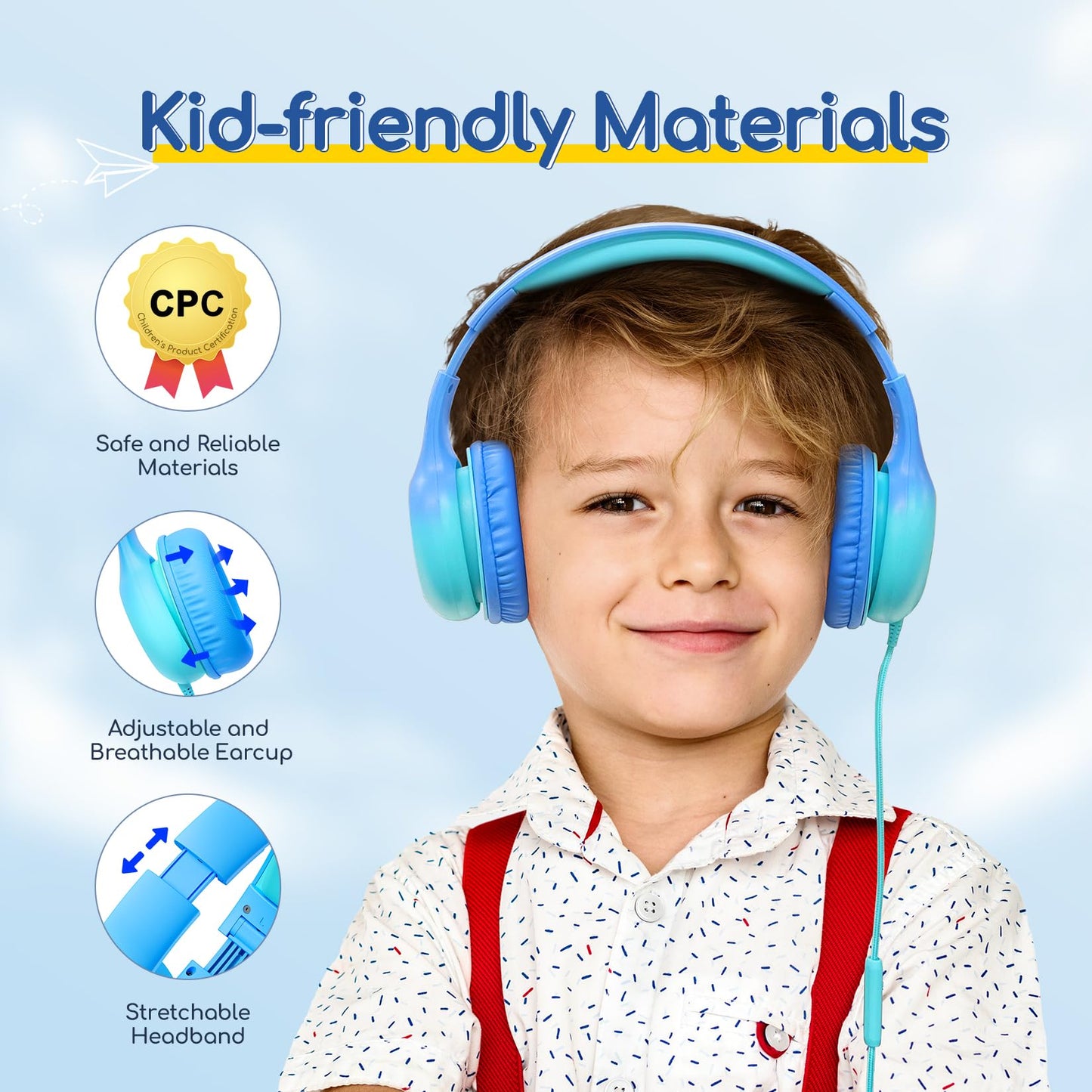 EarFun K1 Kids Headphones Wired with Mic, Volume Limit Headphones for Kids