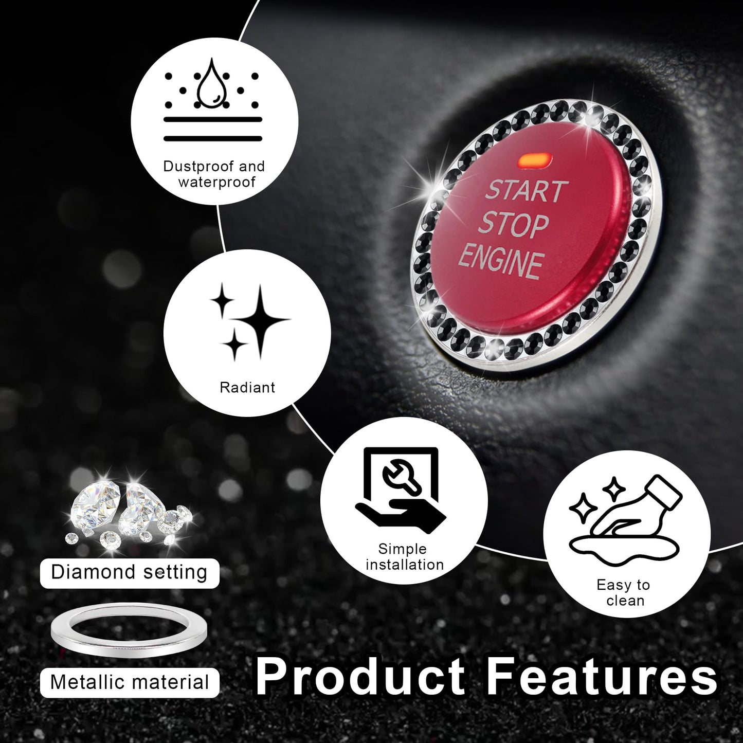 LivTee 2 PCS Crystal Double Rhinestone Car Engine Start Stop Decoration Ring, Bling Car Interior Accessories for Women, Push to Start Button Cover Sticker, Automotive Decals, Light Green